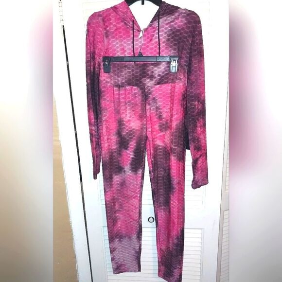 Women's Honeycomb Bubble Texture Tie Dye Butt Lift Activewear Sweatsuit Hooded L - Picture 9 of 10